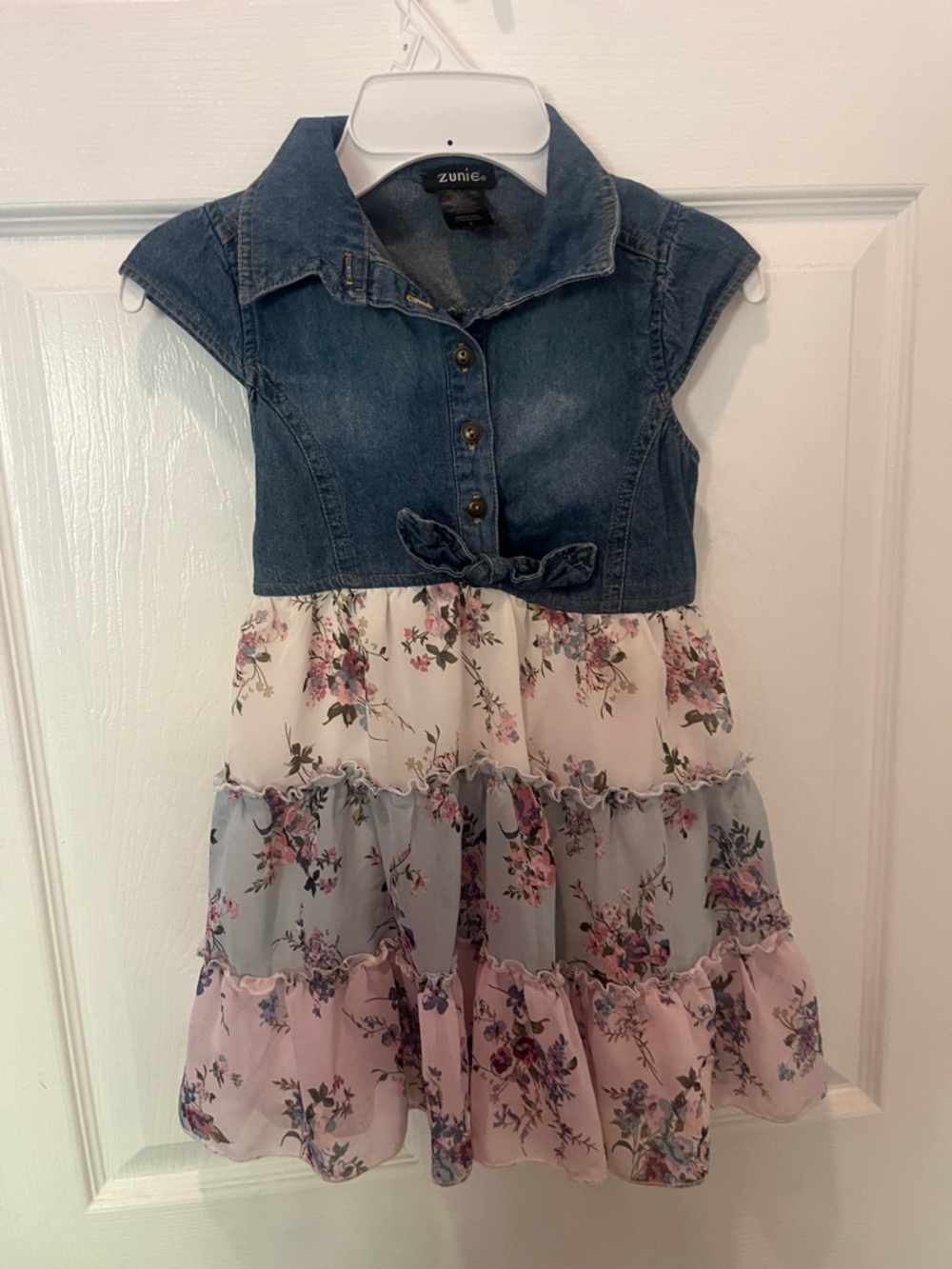 Zunie Denim Bodice Floral Tiered Dress in Blue and Pastel Pink